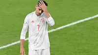Ekspresi penyerang Spanyol Alvaro Morata usai pertandingan melawan Italia pada semifinal UEFA Euro 2020 di Stadion Wembley di London, Inggris, Rabu (7/7/2021). Spanyol takluk atas Italia 4-2 lewat adu penalti setelah laga imbang 1-1 selama 120 menit. (AFP/Pool/Facundo Arrizabalaa)