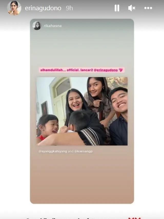 Unggahan Erina Gudono menanggapi potret bersama Kaesang Pangarep dan Kahiyang Ayu. (Instagram @erinagudono)