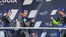 Tiga pembalap Yamaha di podium MotoGP Andalusia: Maverick Vninales, Fabio Quartararo, dan Valentino Rossi. (JAVIER SORIANO / AFP)