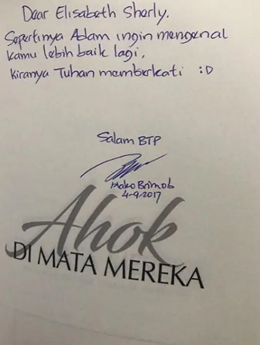 Surat Basuki Tjahaja Purnama (Ahok) untuk Elisabeth Sherly yang bertuliskan sepertinya Adam ingin mengenal kamu lebih baik lagi, kiranya tuhan memberkati. (Instagram/@basukibtp)