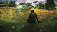 Seorang tamu duduk di pameran multimedia Van Gogh Live 8K yang menampilkan proyeksi lukisan seniman Belanda Vincent Willem van Gogh, pada pembukaan pameran untuk media dan tamu, di Rio de Janeiro, Brasil, Rabu (27/7/2022). (AP Photo / Bruna Prado)