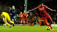 Striker Liverpool Luis Suarez (kanan) mencetak gol penutup kemenangan 2-0 atas Stoke City pada partai Liga Premier di Anfield, 2 Februari 2011. AFP PHOTO/PAUL ELLIS