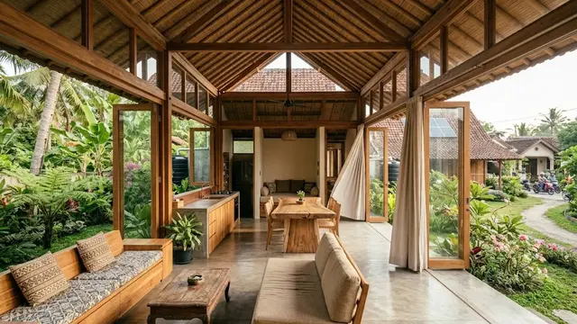 Rumah Desa Modern dengan Pintu Geser dan Bukaan Lebar