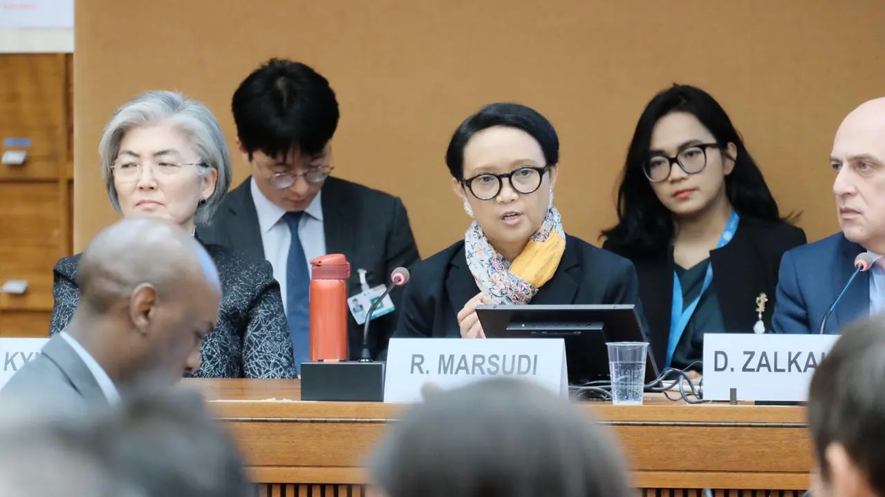 Menlu Retno saat menghadiri forum PBB di Jenewa, 24 Februari 2020.