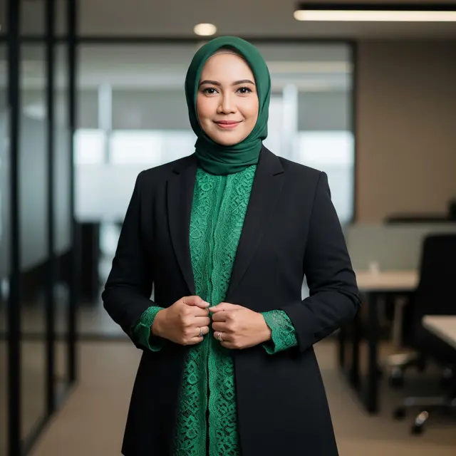 Gamis Kombinasi Blazer dan Brokat Elegan untuk Kerja Formal Muslimah