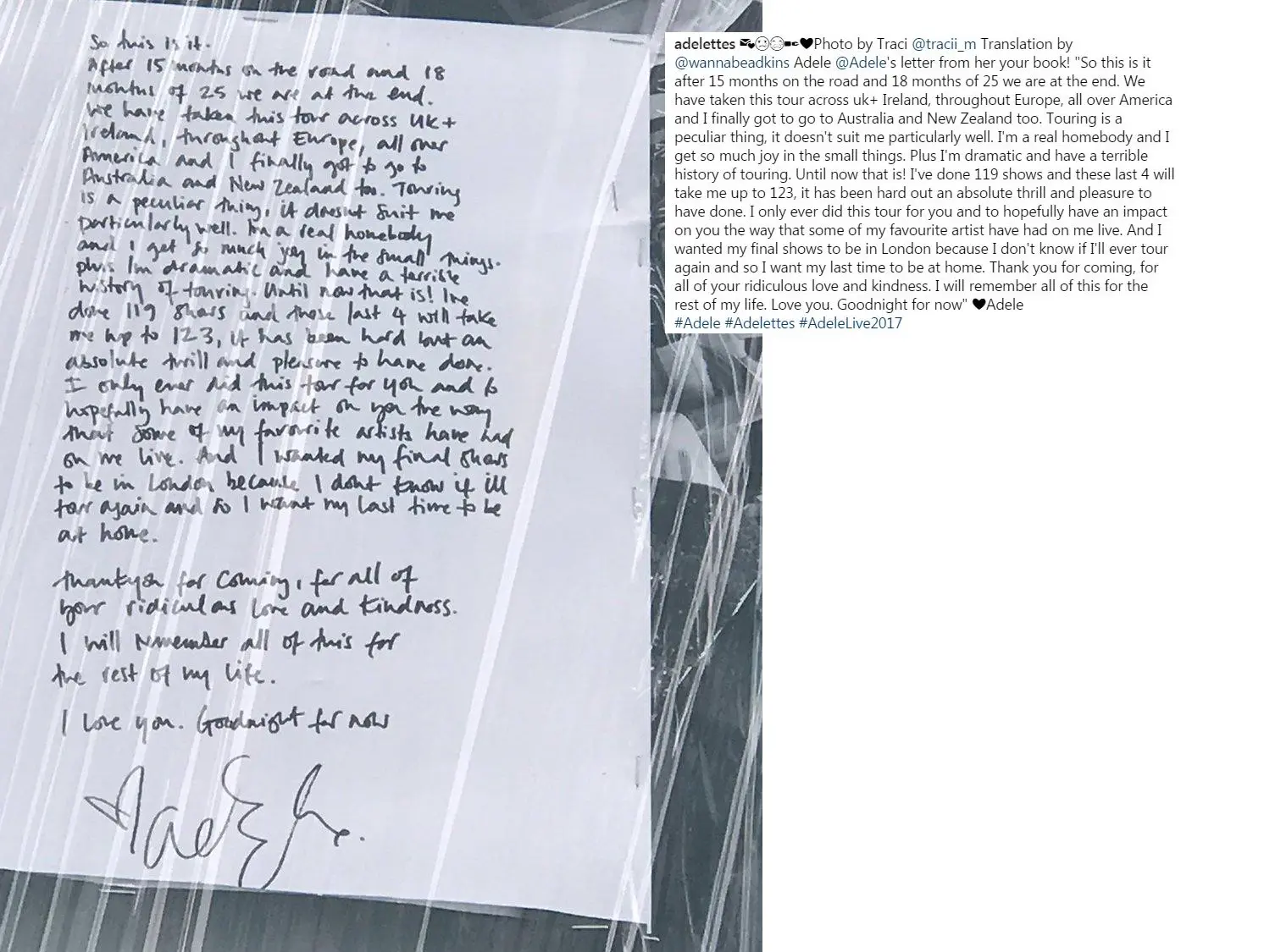 Surat dari Adele untuk sang penggemar. [foto: instagram]