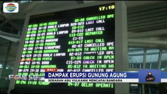 Erupsi Gunung Agung mengakibatkan Bandara I Gusti Ngurah Rai harus ditutup. Pihak otoritas bandara akan evaluasi dua jam sekali untuk memutuskan pembukaan kembali.