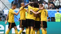 Timnas Belgia merayakan gol yang dicetak Thomas Meunier ke gawang Inggris pada perebutan tempat ketiga Piala Dunia 2018 di Saint-Petersburg Stadium, Rusia, Sabtu (14/7/2018).