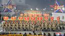 Parade militer untuk memperingati 75 tahun berdirinya Tentara Rakyat Korea digelar di Lapangan Kim Il Sung, Pyongyang, Korea Utara, 8 Februari 2023. Parade militer besar-besaran tersebut memamerkan perangkat keras terbaru dari persenjataan nuklir Korea Utara yang berkembang pesat. (STR/KCNA VIA KNS/AFP)