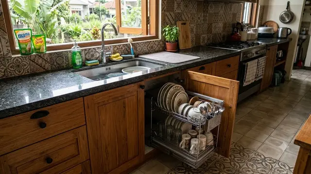 Ide Dapur dengan Rak Piring Tarik dan Tempat Bumbu Tersembunyi
