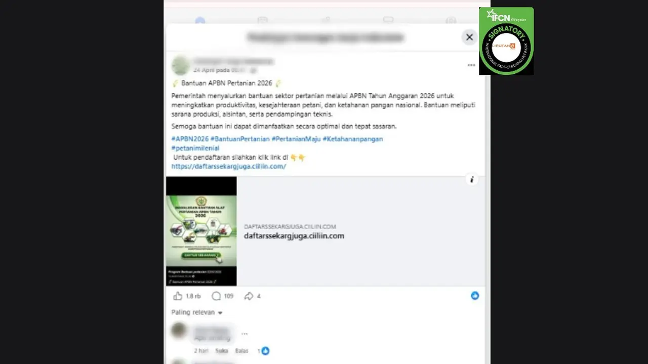 Cek Fakta Liputan6.com mendapati klaim link pendaftaran untuk mendapatkan bantuan alat dan mesin pertanian (alsintan) 2026 dari Kementan