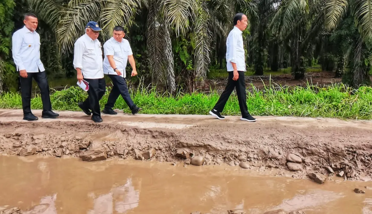 Jokowi mengecek langsung lubang jalan yang digenangani air dan lumpur dengan berjalan kaki. (FOTO: Dok. Agus Suparto/Biro Pers Kepresidenan)