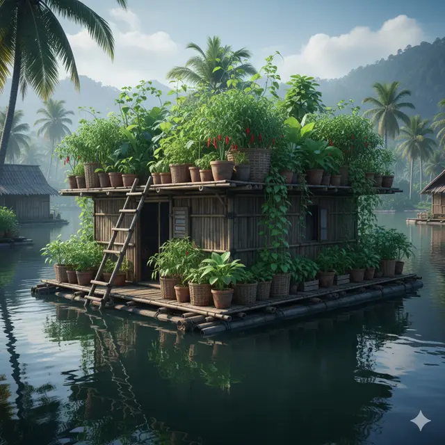 Rumah Rakit Kecil dengan Rooftop Hijau (Gemini AI)