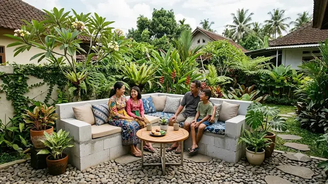 Bangku dari Bata Ringan yang Menyatu dengan Taman dengan Konsep Outdoor Living Modern Model Membentuk L di Sudut Taman