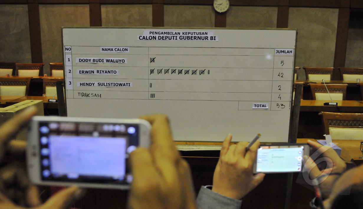 Tampak perolehan suara dalam voting pemilihan Deputi Gubernur Bank Indonesia yang dilakukan Komisi XI di Jakarta, Senin (20/4/2015). Erwin Rijanto unggul dari dua calon lainnya yaitu Dody Budi Waluyo dan Hendy Sulistiowati. (Liputan6.com/Andrian M Tunay)