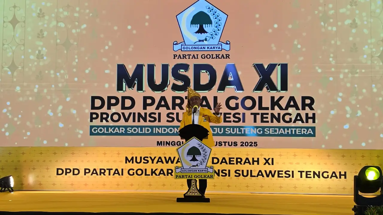 Ketua Umum Partai Golkar Bahlil Lahadalia dalam Musyawarah Daerah (Musda) XI DPD Partai Golkar Sulawesi Tengah di Palu, Minggu (24/8/2025) (Istimewa)