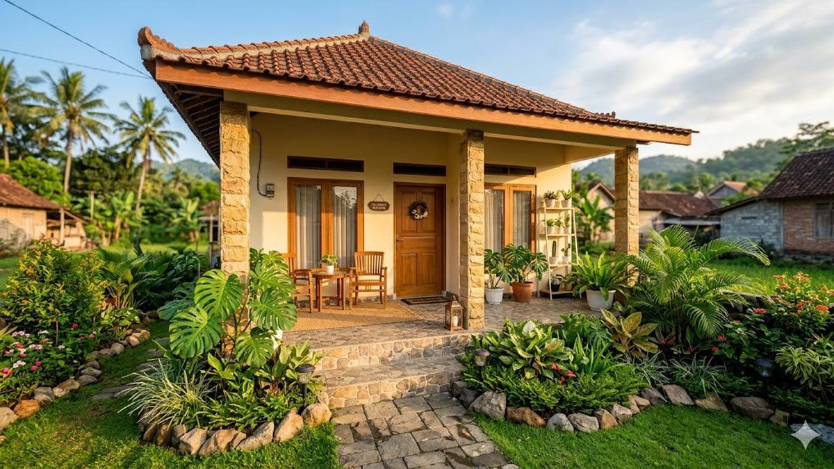 8 Contoh Rumah Desa dengan Teras Keramik Motif Batu dan Taman Mini