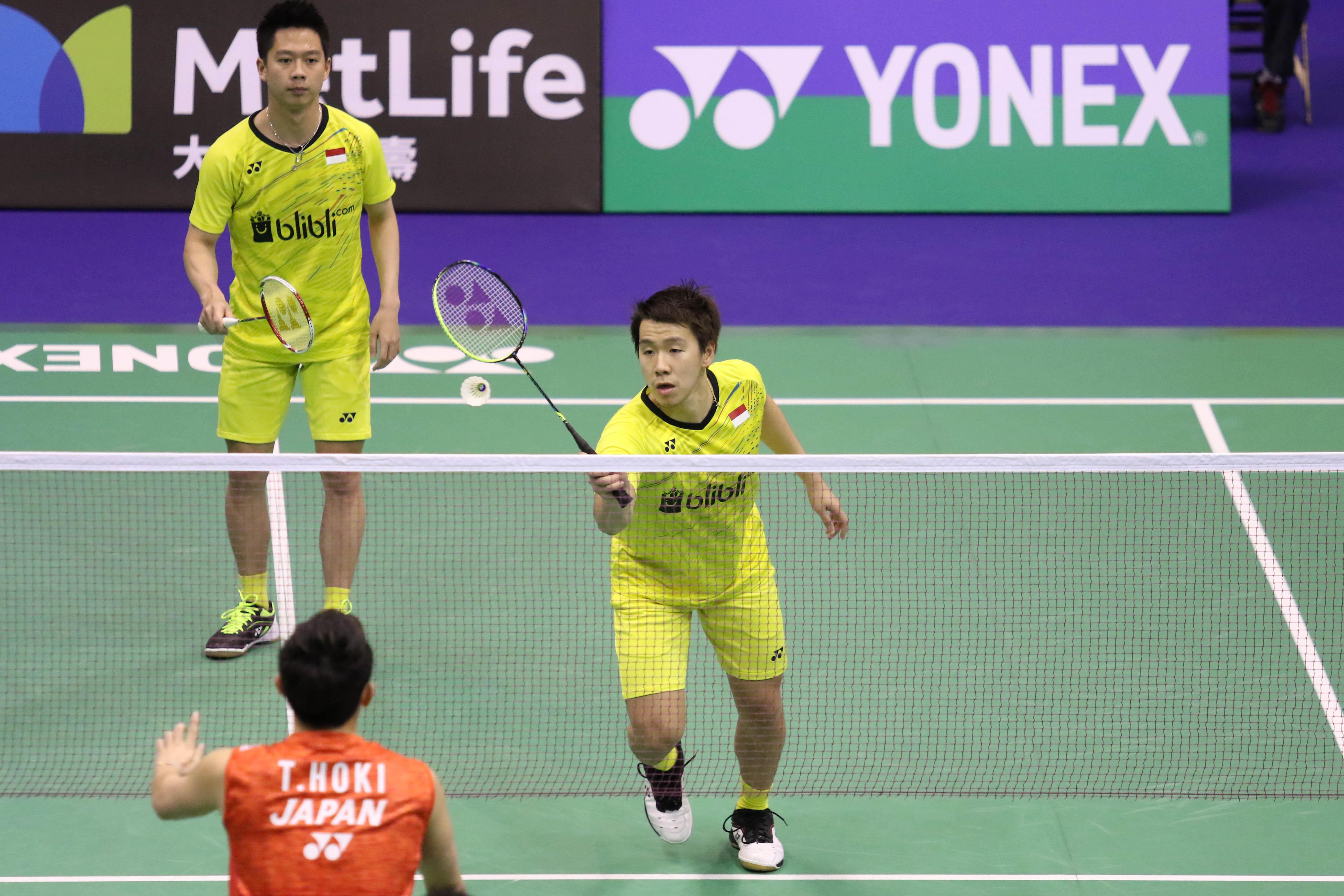 Ganda putra Indonesia Kevin Sanjaya Sukamuljo / Marcus Fernaldi Gideon lolos ke perempat final Hong Kong Terbuka Super Series 2017. Kevin / Marcus menang atas Takuro Hoki / Yugo Kobayashi dari Jepang, Kamis (23/11/2017). (Humas PP PBSI)