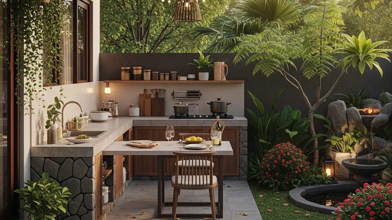 Ide Dapur Semi Outdoor dengan Taman Belakang
