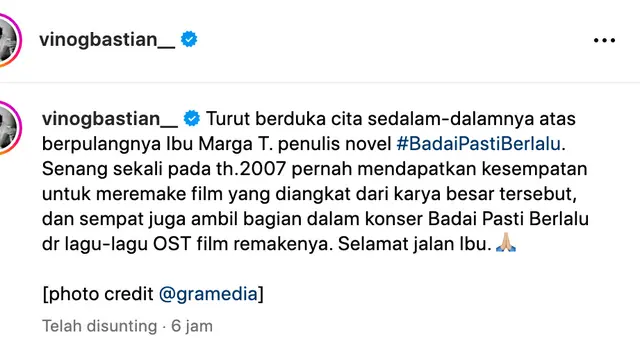 Ungkapan dukacita Vino G. Bastian atas meninggalnya Marga T. (Foto: Dok. Instagram @vinogbastian__)