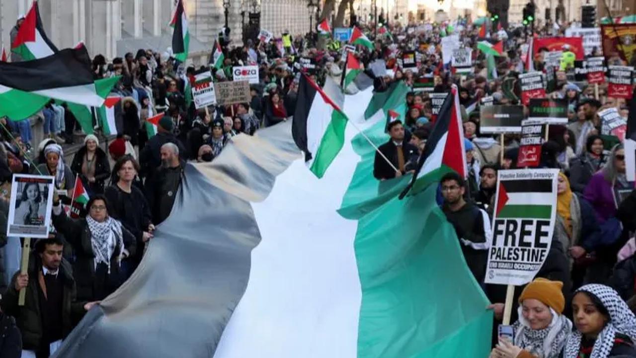Dalam demonstrasi itu massa membawa berbagai poster yang salah satunya bertuliskan "Hentikan Perang di Gaza". Mereka demo memadati jalan-jalan hingga berakhir di luar Gedung Parlemen.<br>