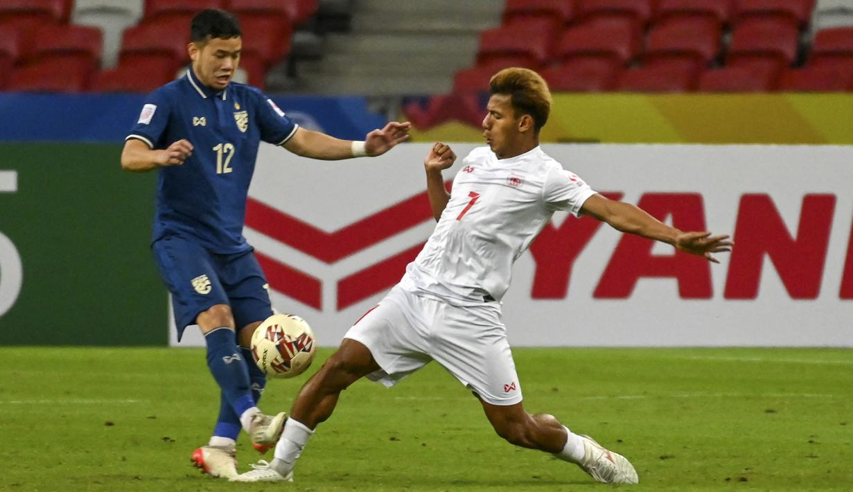 Di kubu Thailand ada nama Thanawat Suengchitthawon. Ia saat ini berkarier di klub Inggris, Leicester City. Meski bermain untuk tim U-23, Thanawat didaftarkan ke tim utama The Foxes besutan Brendan Rogers untuk Liga Inggris musim 2021/2022. (AFP/Roslan Rahman)