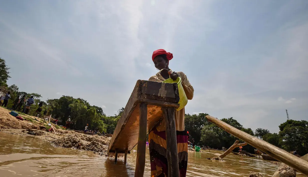Seorang penembang emas wanita menyaring kerikil dan memisahkan bintik-bintik emas dari lumpur di sungai Pampana di dekat Mekeni, sebelah utara Sierra Leone (5/3). (AFP Photo/Issouf Sanogo)