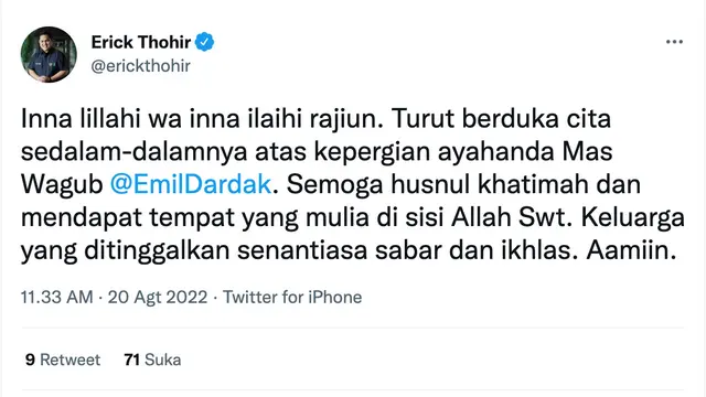 Cuitan Erick Thohir untuk ayah Emil Dardak. (Foto: Dok. Instagram @erickthohir)