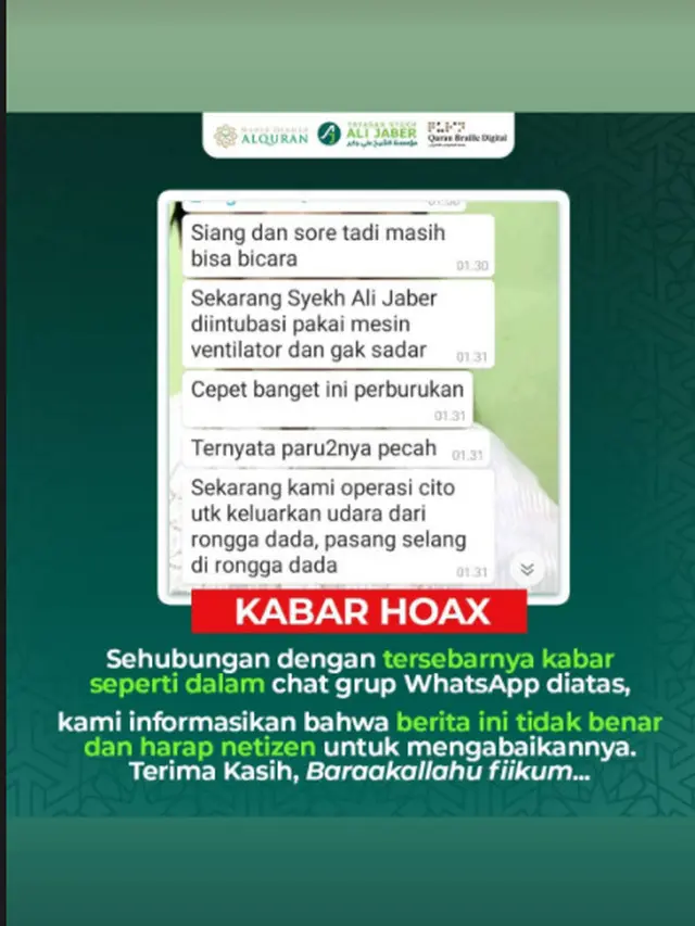 Kabar hoaks tentang Syekh Ali Jaber. (Instagram/ yayasan.syekhalijaber)