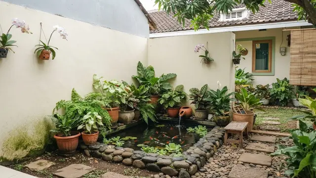 Kolam Sudut dengan Tanaman Berdaun