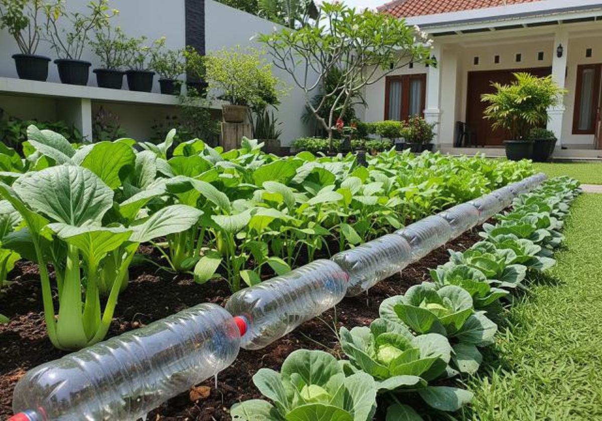 Botol Penyiram Bertekanan Rendah untuk Kebun Sayur/Ide Kebun di Halaman dengan Pengairan Otomatis dari Botol Bekas (Sumber: gemini.com)