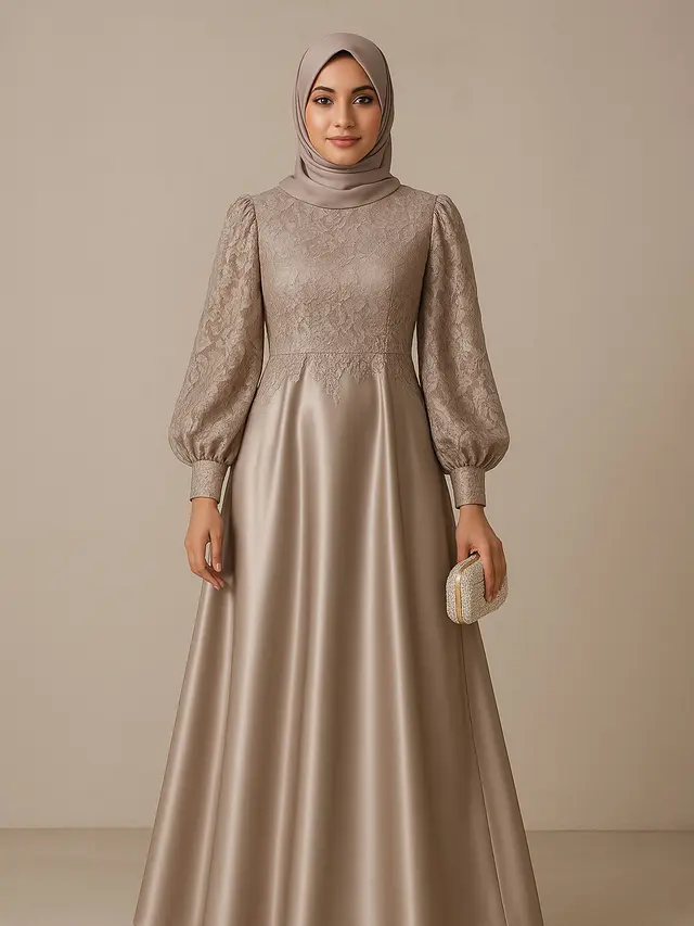 Model Gamis Brokat Kombinasi Satin Lengan Balon untuk Pesta/Ilustrasi gambar oleh AI