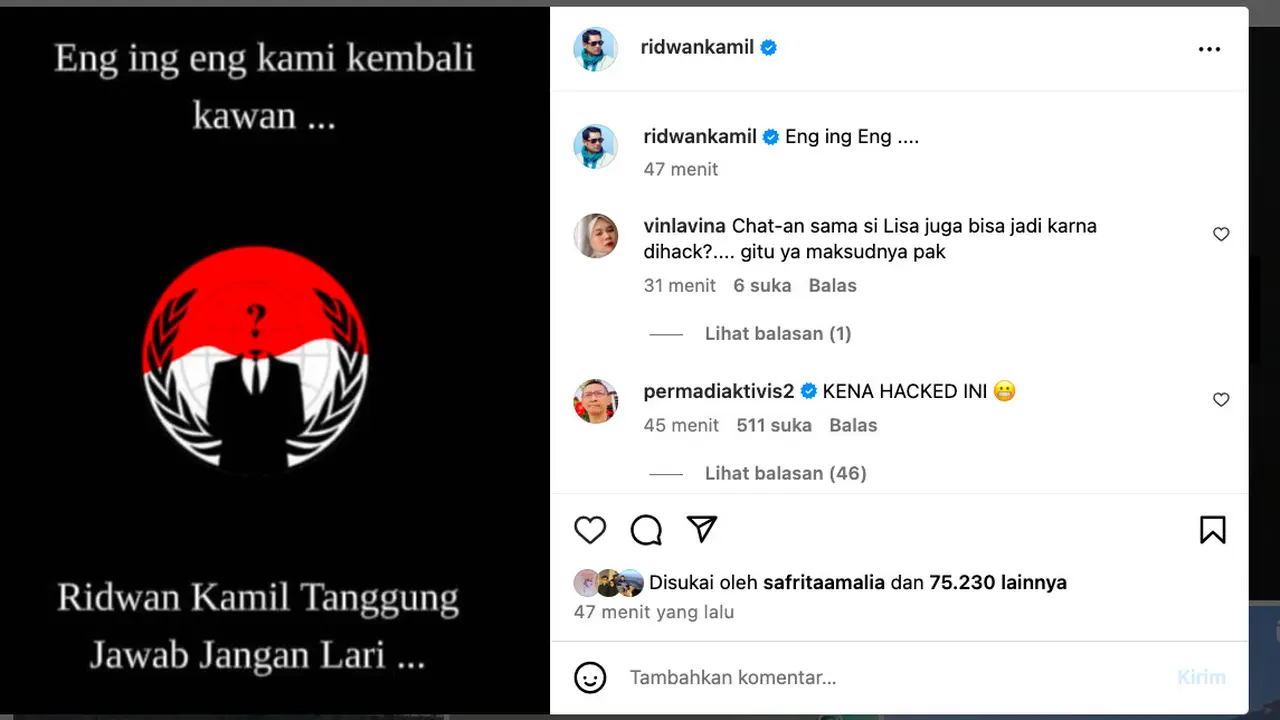 Tangkapan akun Instagram Ridwan Kamil yang memposting sebuah gambar yang tidak biasanya. (Istimewa)