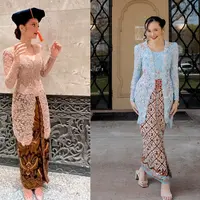 Enzy Storia memilih kebaya brokat panjang beraksen v-neck warna soft pink untuk momen wisudanya. Kebaya tersebut dipadukan dengan rok batik dan high heels. [@enzystoria]