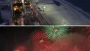 Kombo dua foto menunjukkan Pantai Copacabana yang kosong di tengah penutupan pandemi COVID-19 di Rio de Janeiro, Brasil 31 Desember 2020, teratas, kontras dengan satu tahun sebelumnya, 1 Januari 2020, ketika kerumunan orang menonton kembang api Tahun Baru di lokasi yang sama. (AP Phot/Bruna Prado)