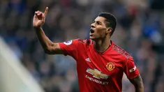 Striker Manchester United, Marcus Rashford berselebrasi usai mencetak gol ke gawang Newcastle United selama pertandingan lanjutan Liga Inggris di St James 'Park (2/1). MU menang 2-0 atas Newcastle. (Owen Humphreys/PA via AP)