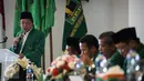 Ketua Umum PPP versi Muktamar Jakarta, Djan Faridz dalam sambutannya di Mukernas II PPP, menjanjikan untuk mengadakan umroh gratis untuk setiap pengurus DPC, DPW dan DPP sebagai bentuk syukur atas kemenangan partainya di MA. (Liputan6.com/Faizal Fanani)