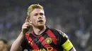 Gelandang Manchester City, Kevin De Bruyne berselebrasi usai mencetak gol ke gawang Club America pada pertandingan persahabatan Pra-Musim di NRG Stadium di Houston, Texas (20/7/2022). Kevin De Bruyne mencetak dua gol dan mengantar City menang tipis atas America 2-1. (AFP/Logan Riely)