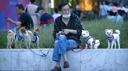 Seorang pria duduk dengan anjing di lingkungan dengan kasus dugaan virus corona di Beijing (15/9/2021). China memperketat penguncian dan meningkatkan pesanan untuk pengujian massal di kota-kota di sepanjang pantai timurnya di tengah lonjakan terbaru dalam kasus COVID-19. (AP Photo/Mark Schiefelbein)