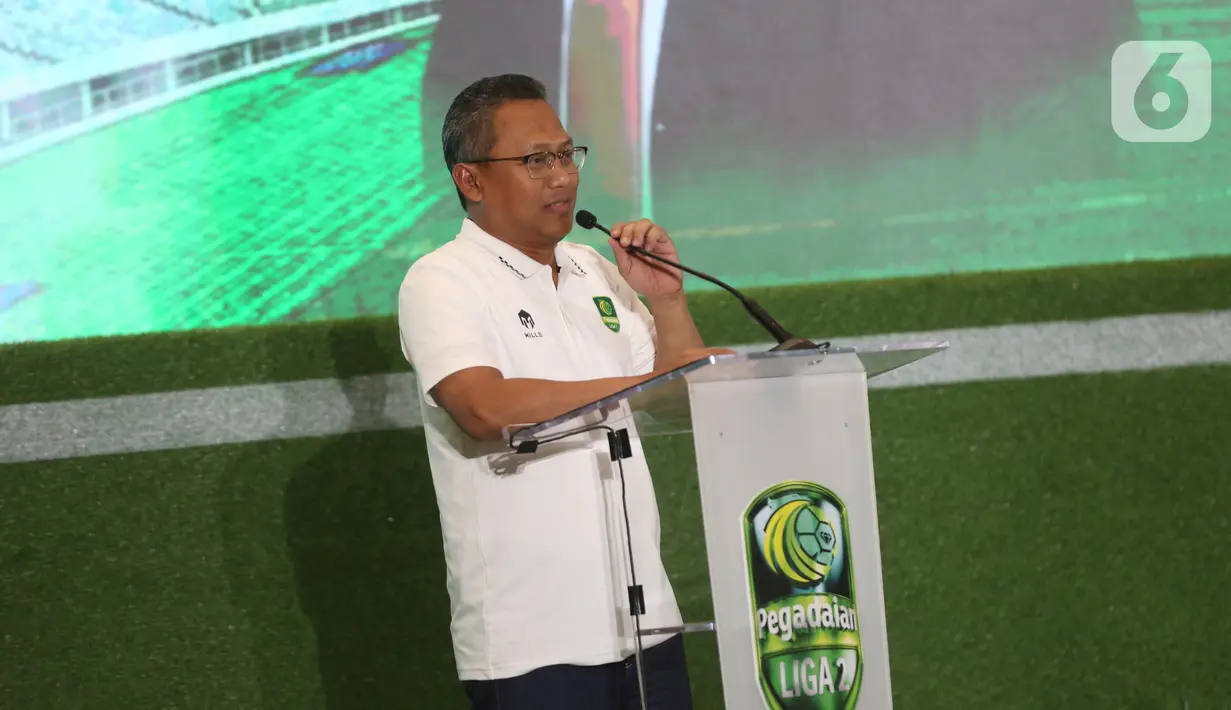 Direktur Utama PT Pegadaian, Damar Latri Setiawan memberi keterangan terkait hasil dan harapan dalam penyelenggaraan Pegadaian Liga 2 Indonesia musim 2024/2025. (Liputan6.com/Helmi Fithriansyah)