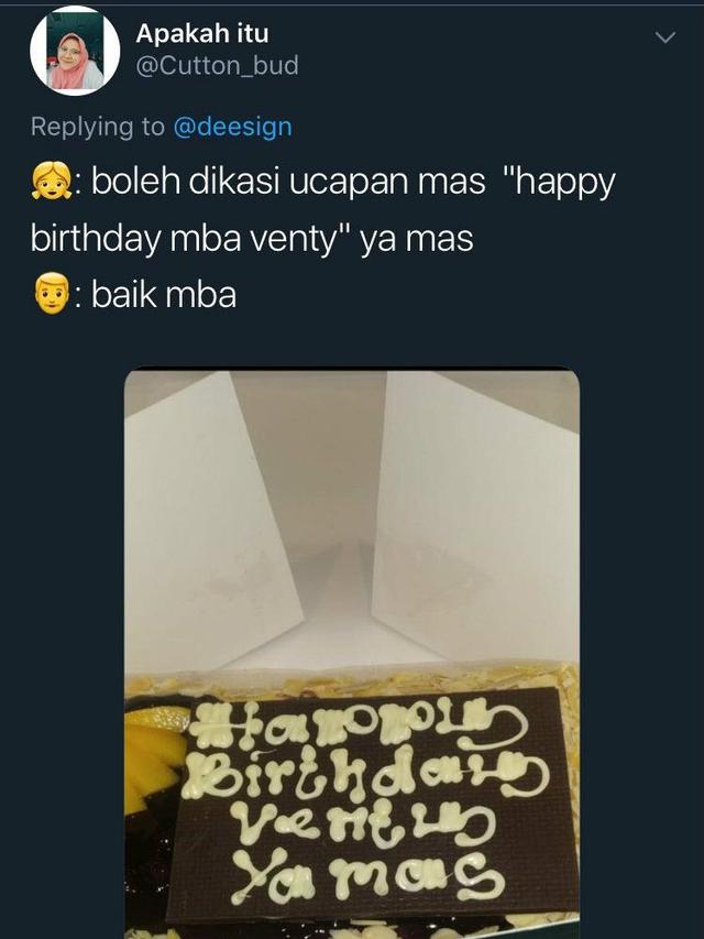 Kue Ulang Tahun yang Gagal karena Salah Tulis, Bikin Ngakak. (Sumber: Twitter/cutton_bud)