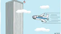 Kartun tersebut digambarkan mirip dengan pesawat pembajak yang menabrak Gedung kembar World Trade Center (WTC) saat tragedi 9/11.