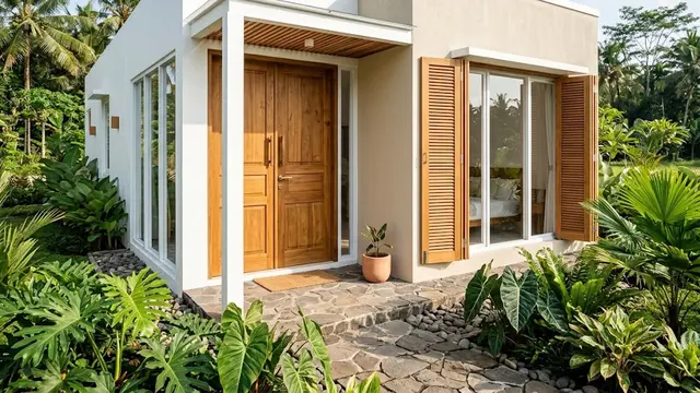 Kusen Putih dengan Pintu dan Jendela Bernuansa Kayu