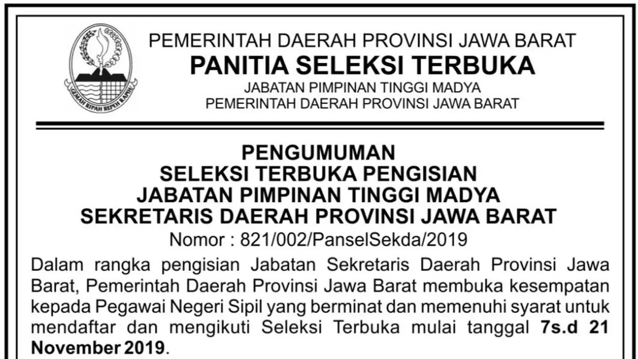 Pendaftaran Seleksi Terbuka untuk Jabatan Sekda Jabar Resmi Dibuka