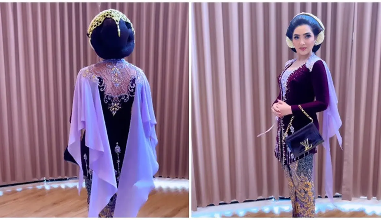 Bagian depan bajunya dihiasi dengan payet dan aksen bunga, bagian belakangnya didesain dengan tambahan seperti selendang yang warna ungunya lebih muda dari warna kebayanya. Ashanty tampil cantik dan memesona dalam balutan kebaya beludru, kain batik dan rambut disanggul, netizen justru menyebut penampilan ibu sambung Aurel Hermansyah itu terlalu berlebihan. (Liputan6.com/IG/@rikawirtjes)