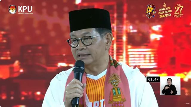 Cagub Jakarta nomor urut 3 Pramono Anung dalam debat perdana Pilkada Jakarta 2024, Minggu (6/10/2024).