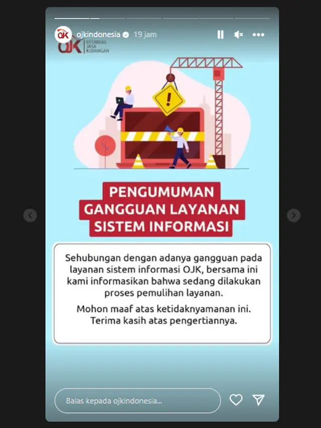 Tangkapan layar IG Story Instagram OJK mengenai gangguan pada situs resminya, Senin (2/10/2023) (Instagram @ojkindonesia)