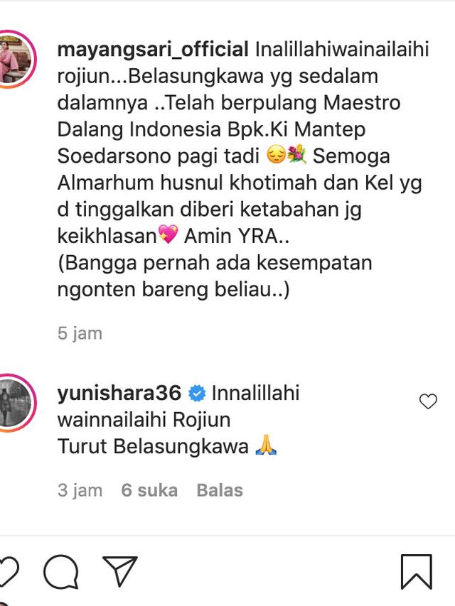 Unggahan Mayangsari soal Ki Manteb Soedharsono. (Foto: Instagram @mayangsari_official)