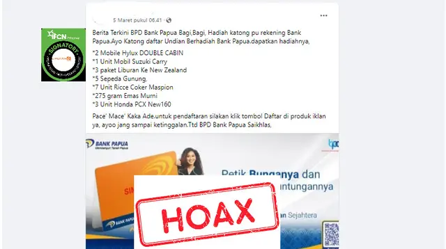 Cek Fakta Liputan6.com mendapati klaim pendaftaran undian berhadiah dari Bank Papua