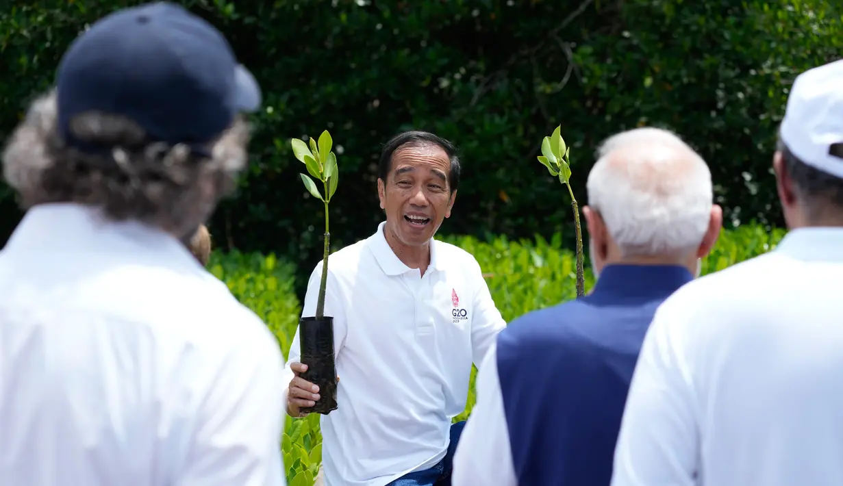 Presiden Indonesia Joko Widodo atau Jokowi menunjukkan bibit pohon kepada para pemimpin dan tamu lainnya sebelum acara penanaman mangrove di sela-sela pertemuan KTT G20 di Taman Hutan Raya Ngurah Rai, Denpasar, Bali, Indonesia, Rabu (16/11/2022). Para pemimpin dunia menanam mangrove bersama untuk menekankan peran penting menangani krisis iklim. (AP Photo/Alex Brandon, Pool)